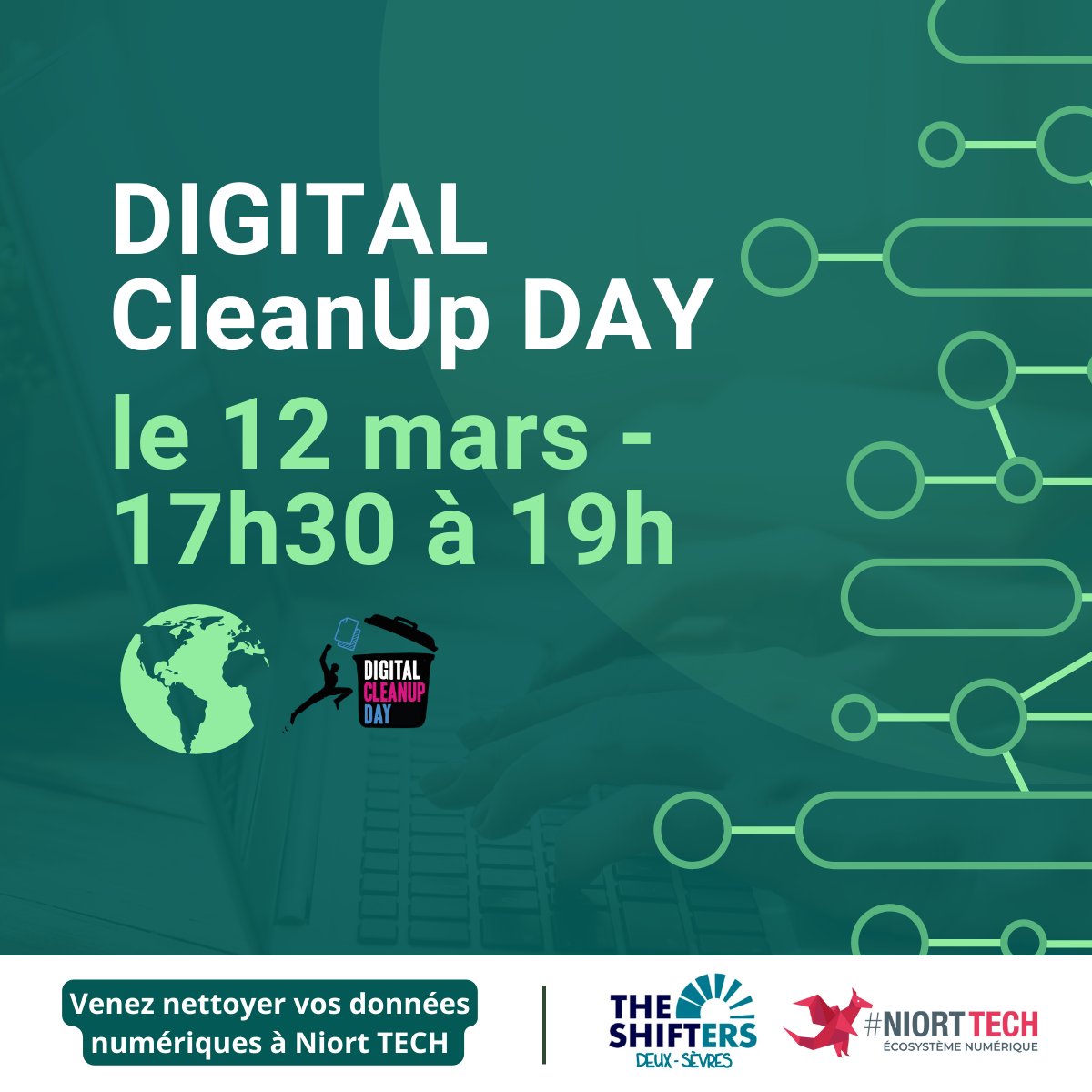 Les Shifters Deux-Sèvres et Niort TECH vous donnent rendez-vous le 12 mars pour un Digital Cleanup Données🌱

Venez participer au grand nettoyage de printemps de vos données numériques et découvrir quelques astuces pour limiter l’accumulation.
Inscription➡bit.ly/3UVqDte