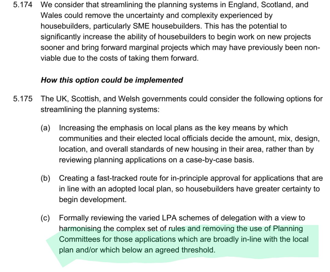 2) CMA suggests removing the power of councillors to block planning applications that comply with the local plan. This reform is essential and has huge implications for housebuilding - it is a key step to move us from discretionary, case-by-case planning to rules-based planning