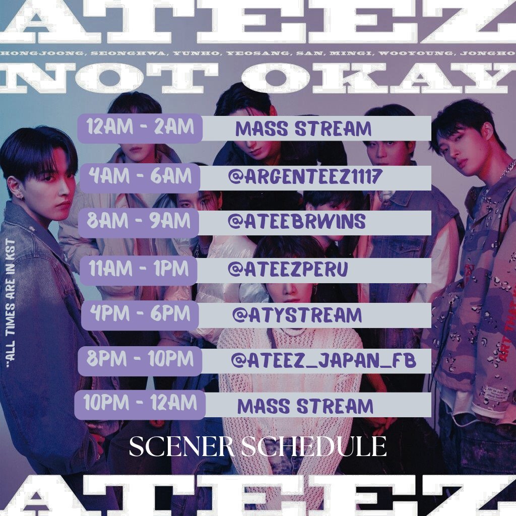 ATYstream | ATEEZ (@atystream) on Twitter photo ❃ 'NOT OKAY' MV SCENER SCHEDULE ❃
ATINYs, here is fanbases' Scener & Mass Stream schedule for the release day of 'Not Okay'!
Make sure to join us and let's reach our goals together!
📅 Feb 28th
📍 YouTube & Scener
#NOT_OKAY #ATEEZ #에이티즈 #エイティーズ <a href="/ATEEZofficial/">ATEEZ(에이티즈)</a> ❃ 'NOT OKAY' MV SCENER SCHEDULE ❃
ATINYs, here is fanbases' Scener & Mass Stream schedule for the release day of 'Not Okay'!
Make sure to join us and let's reach our goals together!
📅 Feb 28th
📍 YouTube & Scener
#NOT_OKAY #ATEEZ #에이티즈 #エイティーズ <a href="/ATEEZofficial/">ATEEZ(에이티즈)</a>