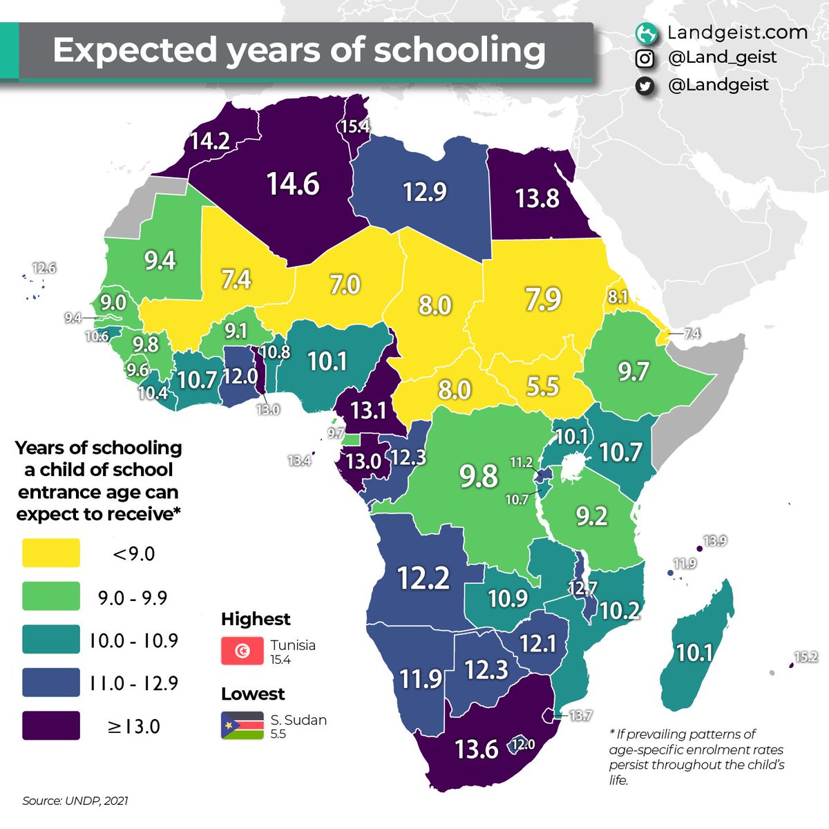 How many years will children in Africa spend on average in the education system? Full article: landgeist.com/2024/02/27/exp… #maps #GIS #dataviz #GeoSpatial #Spatial