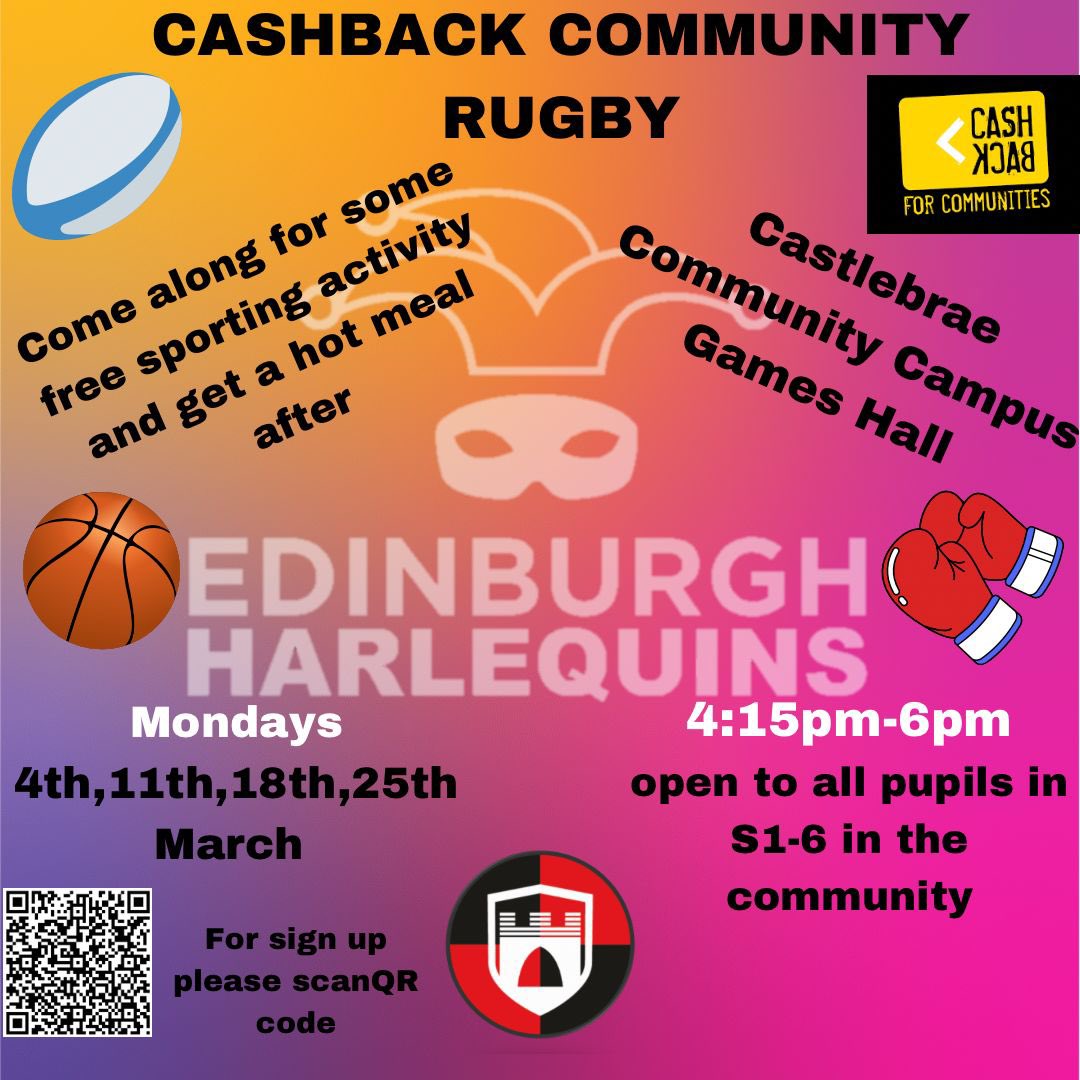 CashBack Community Sports Event 2024 held at Castlebrae Games Hall. Come along for sports activities such as football, basketball, parkour and judo. 🏀⚽️🥋Afterwards get some pizza and a hot meal! First session is Monday 4th March at 4.15-6pm @CastlebraeCCC