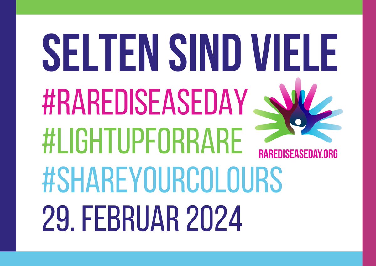 Am 29. Februar ist #RareDiseaseDay, der Tag der Seltenen Erkrankungen.
Gemeinsam mit unserem Dachverband @achse machen wir an diesem Tag auf die Belange der Seltenen aufmerksam.
#seltensindviele, #LightUpForRare #ShareYourColours.
erstellen: rarediseaseday.org/downloads/
#kekshilft