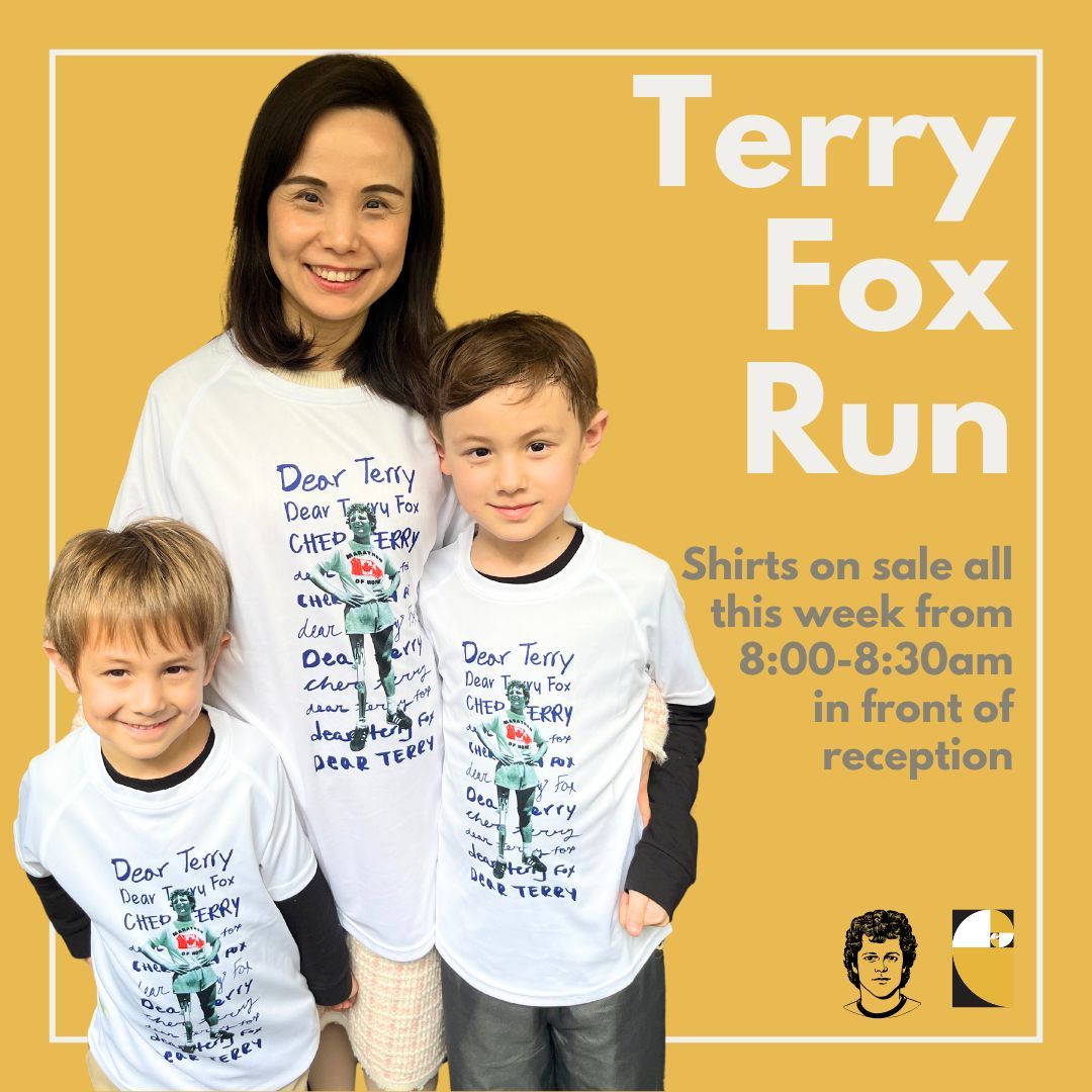 Get ready for our Terry Fox Community Run! The 2024 TFR T-shirts are on sale all this week from 8:00-8:30am in front of reception. Get yours now and join us on Friday, 1 March for this special annual event that raises awareness and funds for cancer research in Hong Kong!