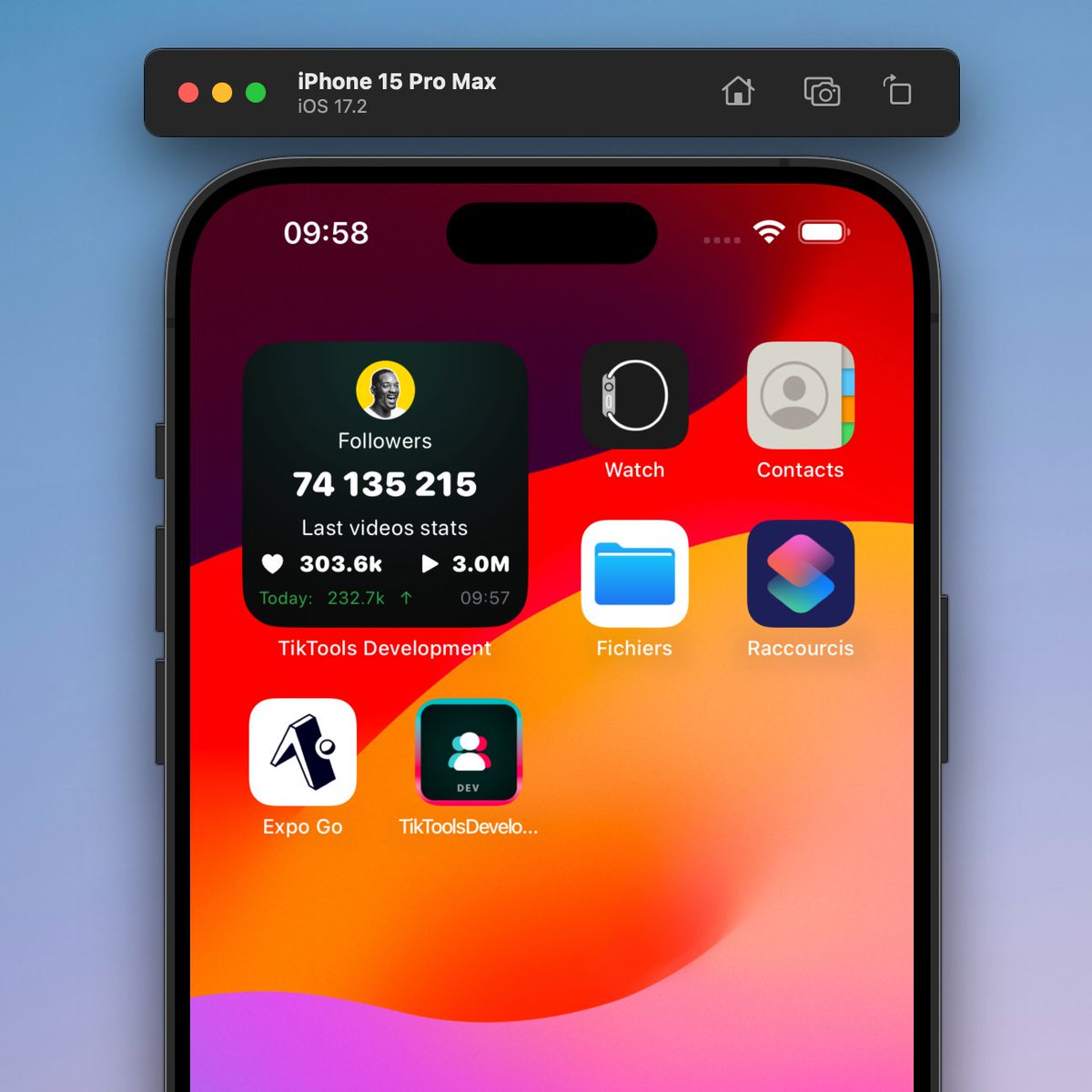 J'ai développé un widget pour l'application <a href="/tiktoolsapp/">TikTools</a>  qui affiche le nombre d'abonnés,  de likes et de vues la dernière vidéos, mais aussi le nombre d'abonnés qu'il a obtenu depuis les dernières 24h.

Swift UI, ma première expérience avec ce language.
#reactnative