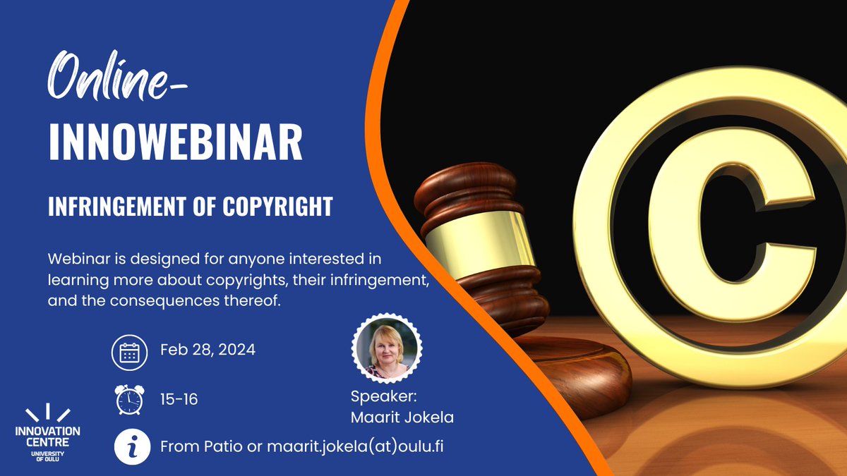 Welcome to the InnoWebinar on February 28th at 3-4 PM, where we will discuss #copyright infringement. You will gain insights from both the perspective of the copyright holder and the user.
#uicoulu #iprights