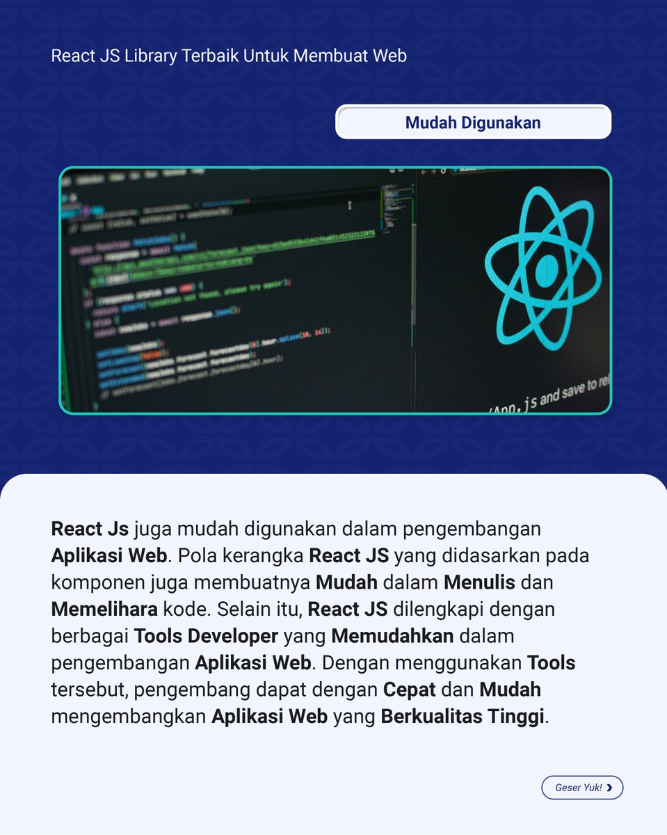 AccelistEdukasi's tweet image. Kenapa React JS menjadi pilihan utama untuk pengembangan web? Ini alasannya🚀⁣
⁣
#ReactJS #libraryweb #library #website #belajarcoding #coding #AEDU #accelistedukasiindonesia