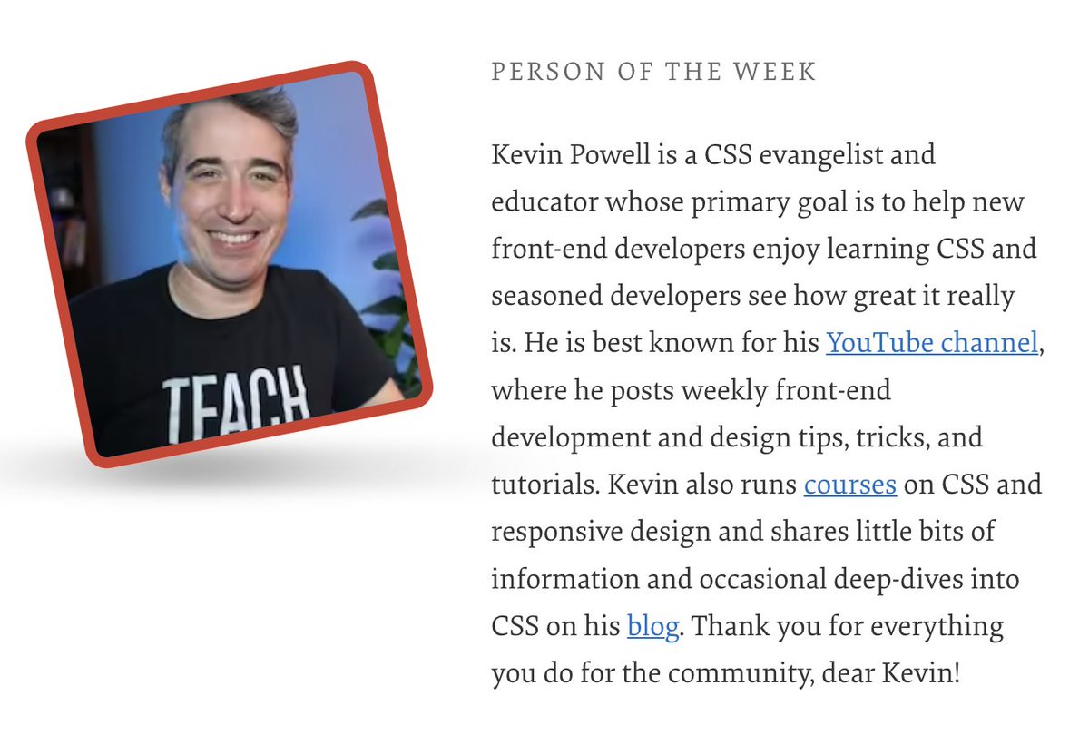 Our Person of the Week is a CSS evangelist and educator on a mission to help people fall in love with CSS. Please give a warm round of applause for... Kevin Powell!

Thank you for everything you do for the community, dear @kevinJPowell!

#smashingcommunity