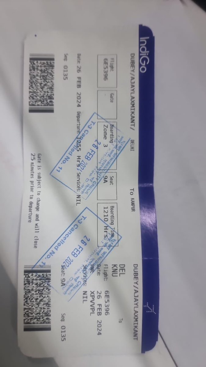 drajayldubey's tweet photo. Dear team Indigo 
This is to bring in to your notice I Ajay Laxmikant Dubey booked a ticket PNR No XPVVPL, Date of departure 26/02/24, Mumbai to Delhi ( 6E2139 ) connecting Delhi to Kanpur ( 6E5396 ) and Return 27/02/24 PNR No JS2BP ( 6E5136 ).
Your flight from Mumbai to Delhi was late, how ever after landing Delhi I rushed and from your counter I received the boarding pass, after receiving boarding pass we rushed the gate for boarding. It has been a horror for me to know from your staff and manager that they can not accommodate as boarding time is over and last bus has left. 
This is very disappointing as there is no other flight to Kanpur for the day. Today I have very important schedule at Kanpur. Today evening I had a very important family function.
I choose Indigo inspite of an earlier bad experience.
I expect bare minimum from Indigo to refund all my travel expenses including tickets and agony I faced.
I still feel manager’s at gate could have accommodated. But rudely they refused.
Kindly do the needful. Your positive response is awaited.😡😨😢

Regards 
Ajay Laxmikant Dubey 
+91 99671 19955
Note: All ticket and boarding pass attached.
@flyspicejet @IndiGo6E @JM_Scindia @narendramodi @flyspicejet @MAS @TurkishAirlines @airindia @vistajet @airvistara @MAS @TurkishAirlines @IndiGo6E @AmitShah @SingaporeAir @AirlineOf73663 @aajtak @newsindia24x7_ @ABPNews @abpmajhatv @indiatvnews
