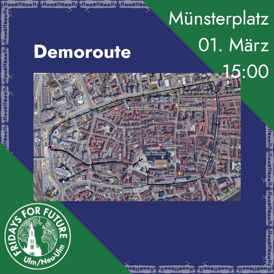 Unsere Demoroute für die kommende Demo
🔥Freut euch auf die Band Sündflut und eine coole Demo mit den Beschäftigten im Nahverkehr 🚌
📅 01. März
🕒 15 Uhr 
📍 Münsterplatz
#wirfahrenzusammen
#fridaysforfuture #klimastreik #climatestrike #klimakrise #climatecrisis #klima #climate