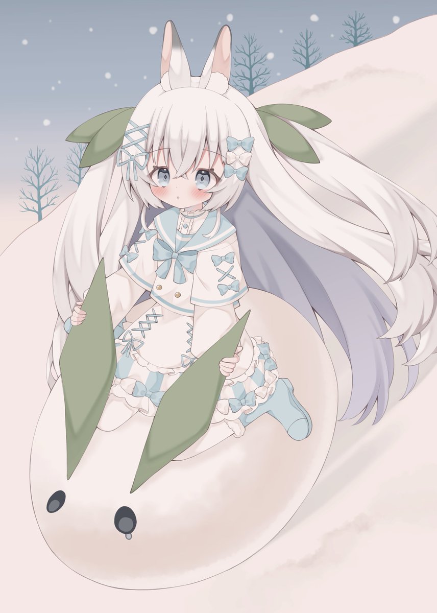 1girl animal ears solo long hair snow blue footwear two side up  illustration images