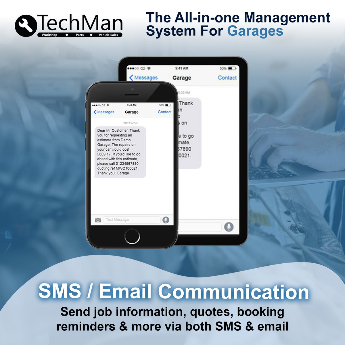 Upgrade your garage communication 📱

TechMan's SMS/Email feature lets you seamlessly send job info, quotes and booking reminders.

Fully customise messages, insert clickable links, and maintain consistent customer communication.

Click here for more info: techmangms.com/features/sms-e…