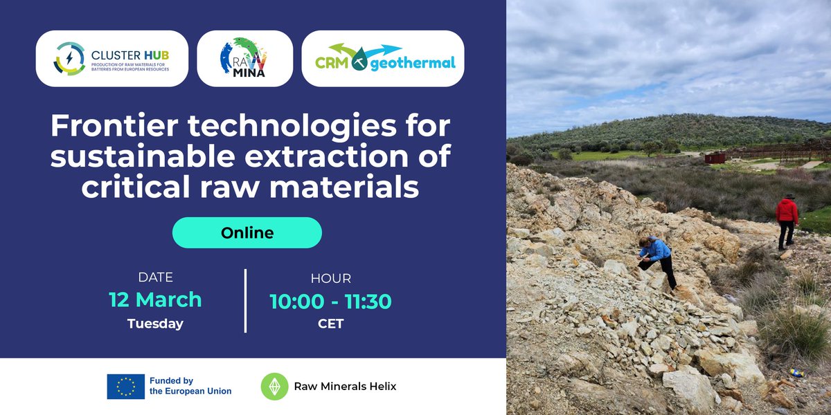 📢We invite you to join us for an upcoming webinar presented by @RawminaEU and @CrmGeothermal!
Discover how cutting-edge technologies are revolutionizing the extraction of critical raw materials from #MineWaste and #geothermal fluids.
➡️ Registration at tinyurl.com/4zfbn6t3