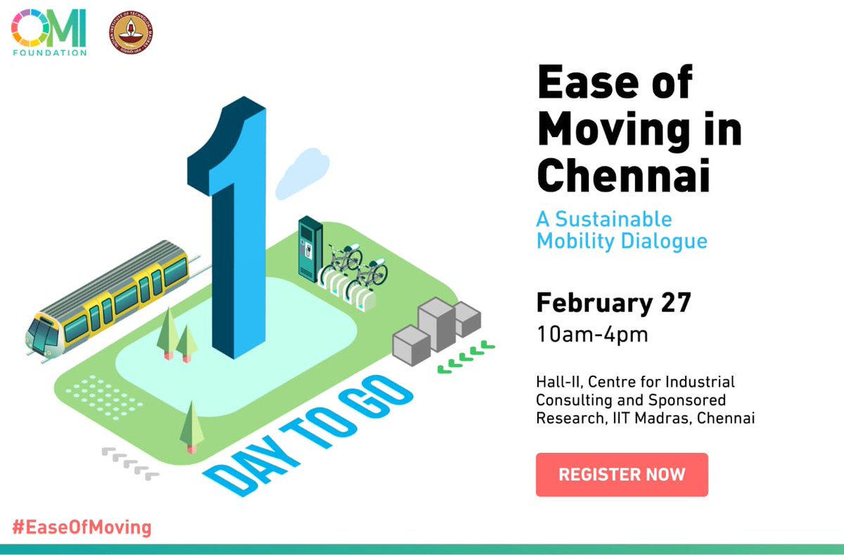 ⏳The countdown begins! Only one day to go for 'Ease of Moving in Chennai - A Sustainable Mobility Dialogue'. Be part of the conversation that shapes Chennai's mobility landscape. Register now &amp; secure your seat for a day of engaging discussions &amp;groundbreaking insights