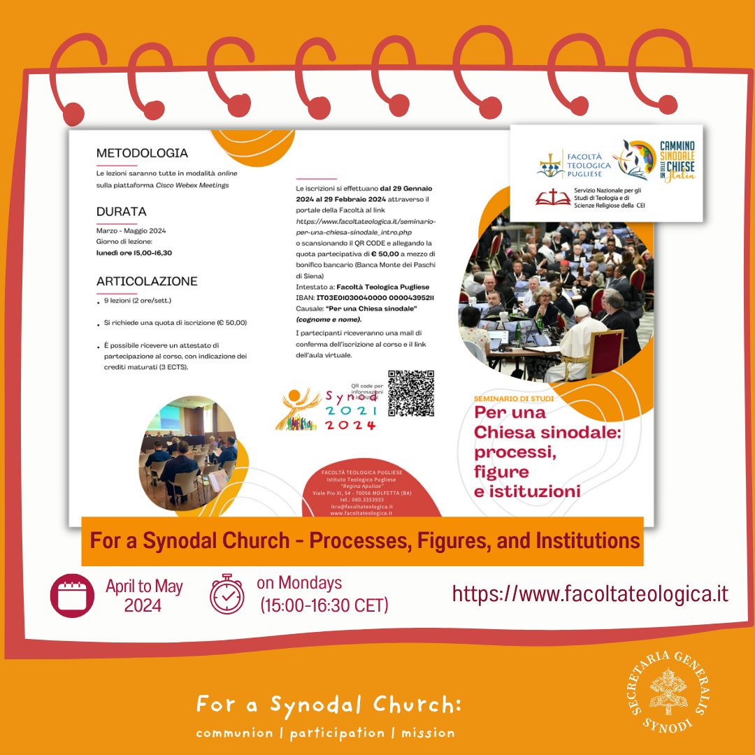 Synod_va's tweet photo. For a Synodal Church: processes, figures, and institutions.
Register before February 29th for the Study Seminar in Italian 🔗https://t.co/eThXJVZcJC
Organized by https://t.co/Y1IVYR3ASu
 #synthesisreport
#synodality #SynodOnSynodality #walkingtogether #synodaljourney #Synod2024 https://t.co/rqqMGWk5ml