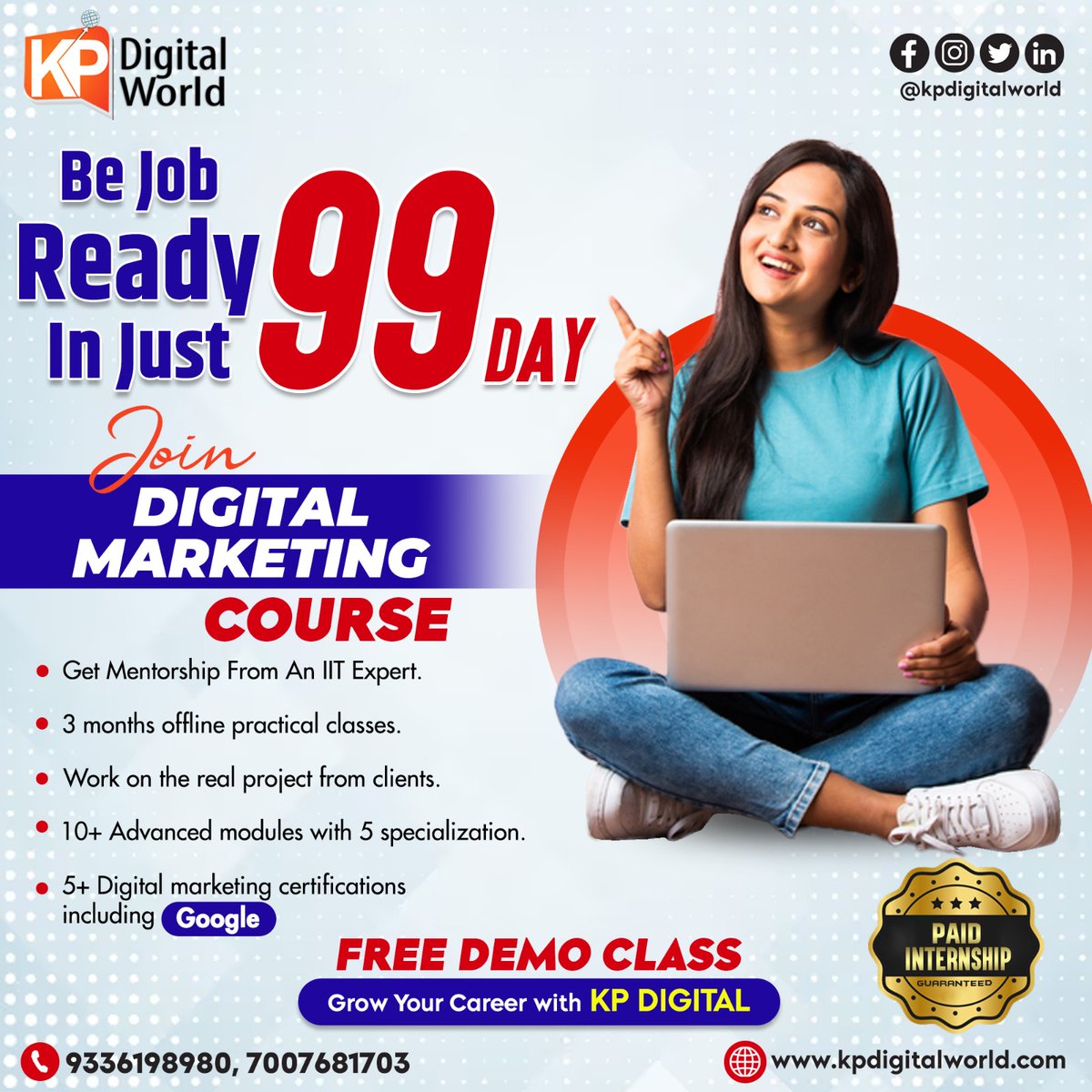 KPDIGITALWORLD's tweet image. Be 𝐉𝐨𝐛 𝐑𝐞𝐚𝐝𝐲 𝐢𝐧 𝐉𝐮𝐬𝐭 𝟗𝟗 𝐃𝐚𝐲 ✨ Join Digital Marketing Course. 😍

#JobReady #JobReadySkills #JobReadyProgram #JobReadyCourses #jobhunt #jobalert #jobposting #job #jobs #jobfair #jobseekers #jobvacancy #jobsearching #jobopportunity #kpdigitalworld