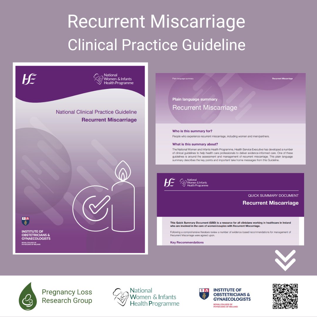 Interested in how #RecurrentMiscarriage care should be delivered in 🇮🇪, including appropriate investigations & treatments? 🟣 National clinical practice guideline 🟣 Plain language summary 🟣 Quick summary document for health professionals Available @ hse.ie/eng/about/who/…