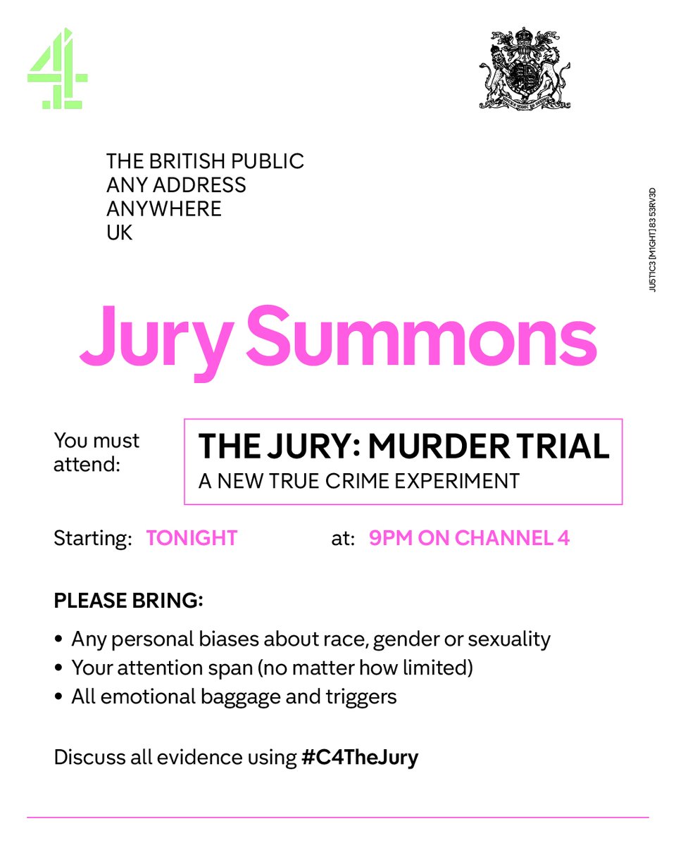 You have been summoned.

The Jury: Murder Trial starts TONIGHT.

#C4TheJury <a href="/Channel4/">Channel 4</a>