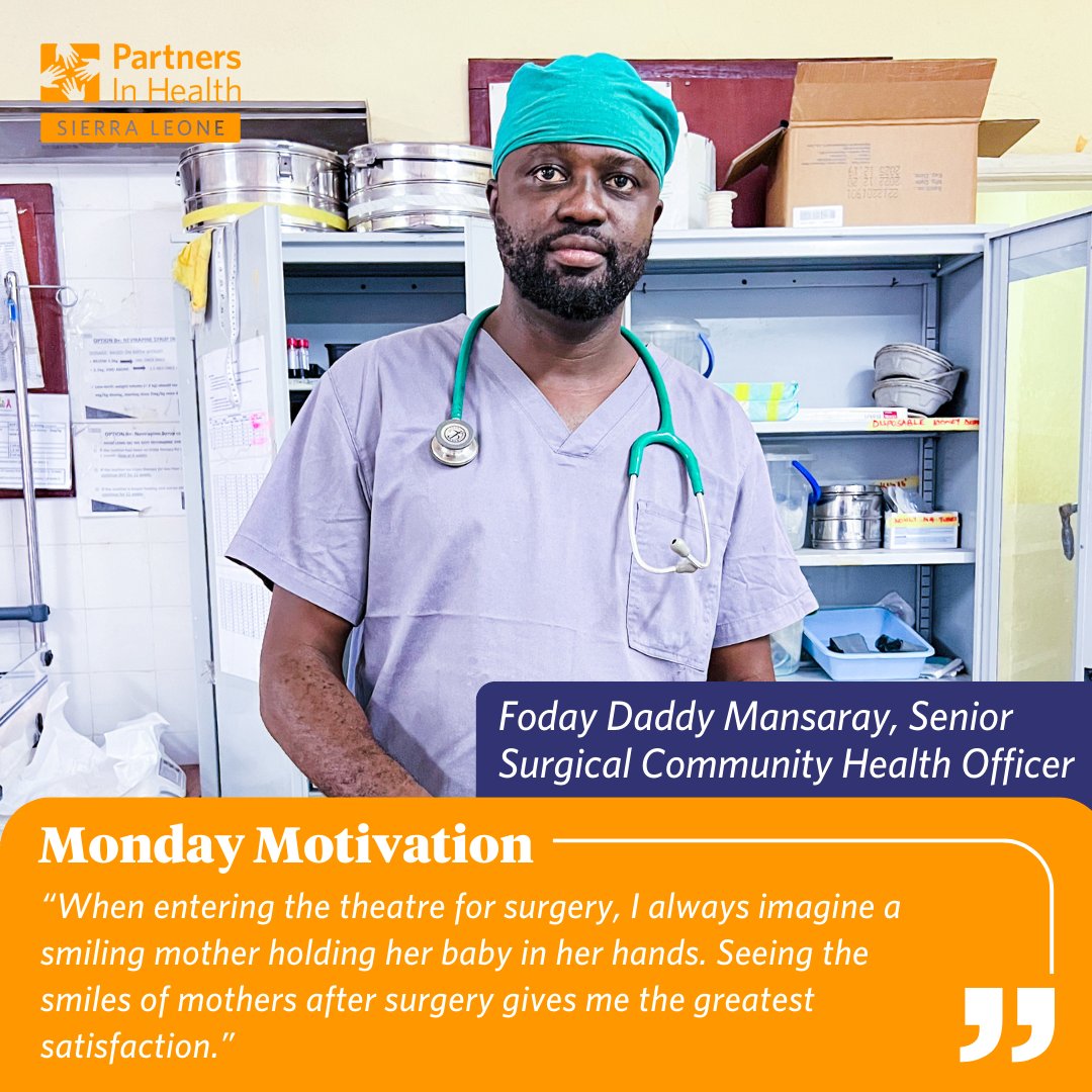 Happy Monday! Meet Foday Daddy Mansaray, senior surgical community health officer. Foday dedicates his time taking care of pregnant women from conception to safe delivery. The best part of his job is seeing the smile on the faces of happy mothers holding their babies.