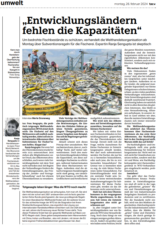 Zum Auftakt der <a href="/wto/">WTO</a> #MC13 Verhandlungen habe ich Ranja Sengupta vom <a href="/3rdworldnetwork/">Third World Network</a> für die taz zu dem Übereinkommen für Fischereisubventionen interviewt. Die kommenden Tage werden spannend! <a href="/OWINFS/">OWINFS Network</a> @PowerShift_eV <a href="/tazgezwitscher/">taz</a>