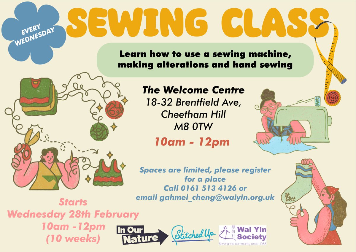 We still have spaces for our weekly sewing class starting on Wednesday! 🧵🪡 If you live in #Cheetham Hill or the surrounding area, register for a space today! @StitchedUpCoop @waiyincws @MCCCheetham @TheYard @McrClimate @mcrjewishmuseum @CheethamFest