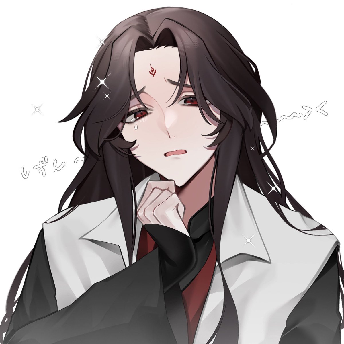 1boy male focus long hair solo red eyes black hair white background  illustration images
