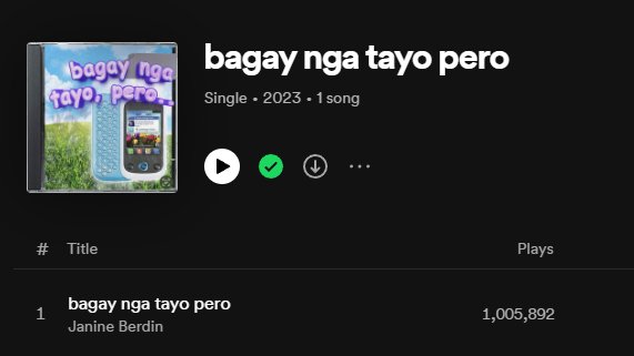 bntp has reached a million spotify streams! #bagayngatayopero #bntp #janineberdin