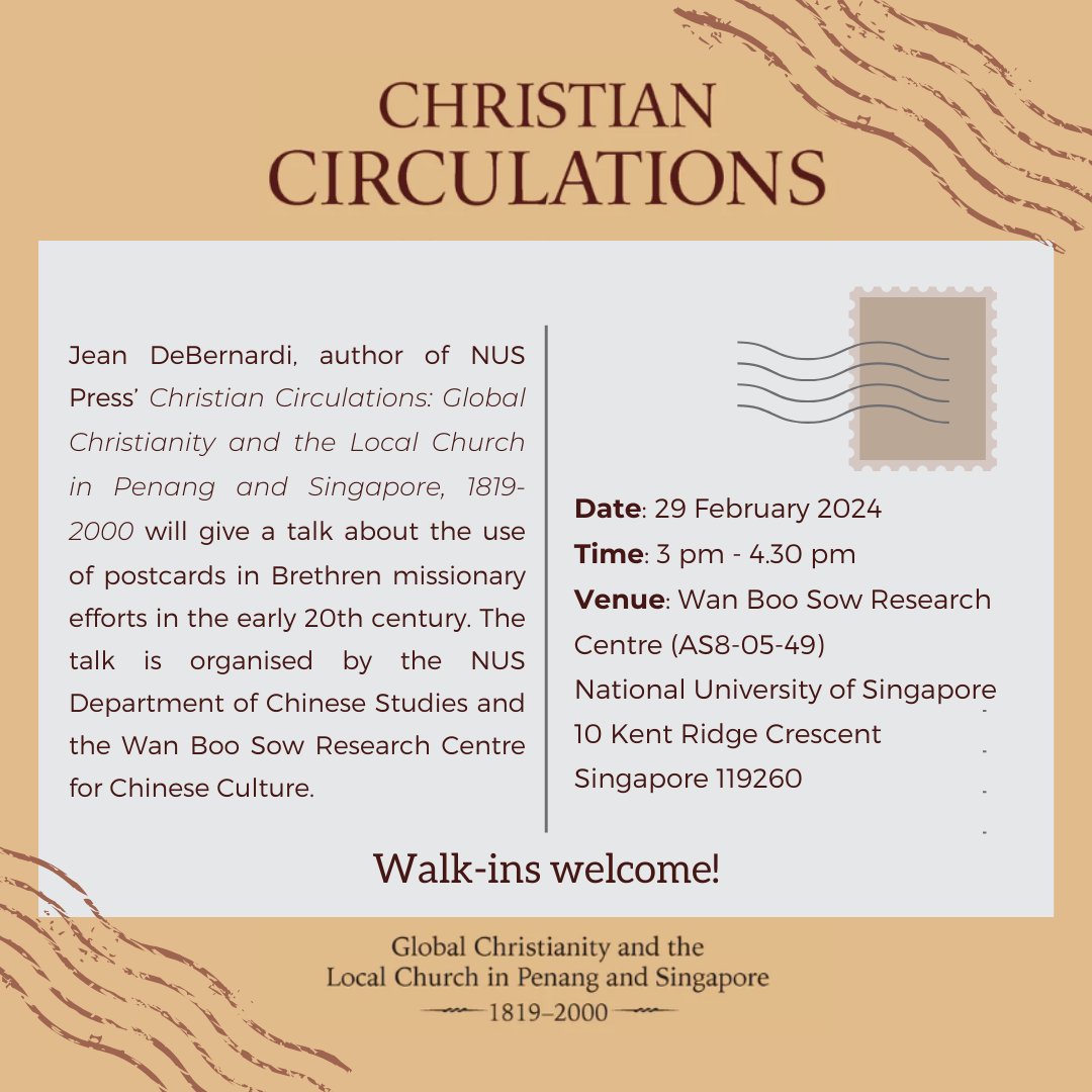 NUS_Press's tweet image. Join us for a fascinating talk on the use of postcards in #Brethren #missionary efforts in the early 20C. Jean DeBernardi's "Christian Circulations" looks at the history of the Brethren movement in Singapore &amp;amp; Malaysia.

29 Feb (Thurs), 3 pm
AS8-05-49

No registration needed!