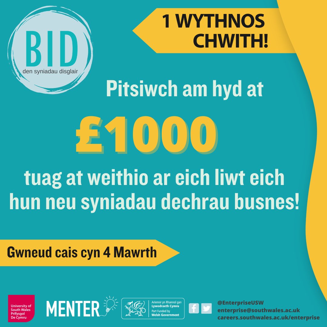 Dim ond UN WYTHNOS ARALL i gofrestru ar gyfer y #DenSyniadauDisglair! ⏳️ 💸Peidiwch â cholli'ch cyfle i gynnig am hyd at £1000 ar gyfer offer, marchnata a mwy ar gyfer eich syniad busnes neu syniad llawrydd. 👉️Gwnewch gais nawr: bit.ly/BIDMarch24