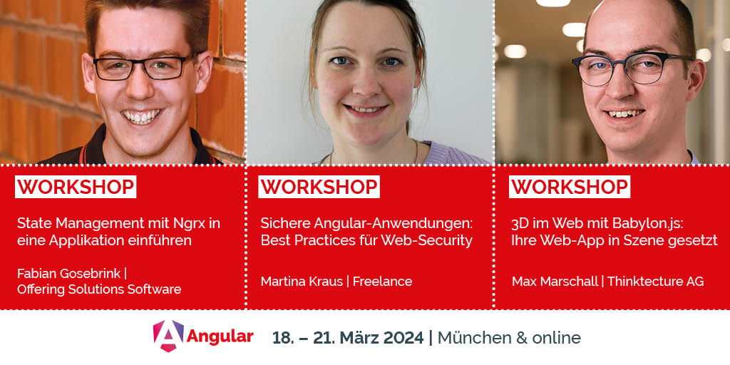 AngularDays's tweet image. 🚀Hebe deine Web-Apps mit modernen 3D, VR &amp;amp; AR Visualisierungen auf ein neues Level, stärke die Sicherheit deiner Angular-Anwendungen oder meistere Angular-Tests mit Jest &amp;amp; Cypress. Welchen Workshop du auswählst, ist dir überlassen, wenn du die JavaScript Days besuchst!