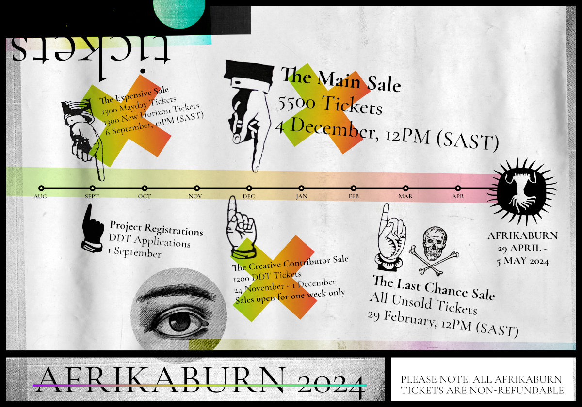 The Last Chance Ticket Sale is this Thursday - 29 February, 12:00 noon SAST (UTC+2). Only about 250 General Sales Tickets are expected to be available in this sale. Be prepared: tickets.afrikaburn.com