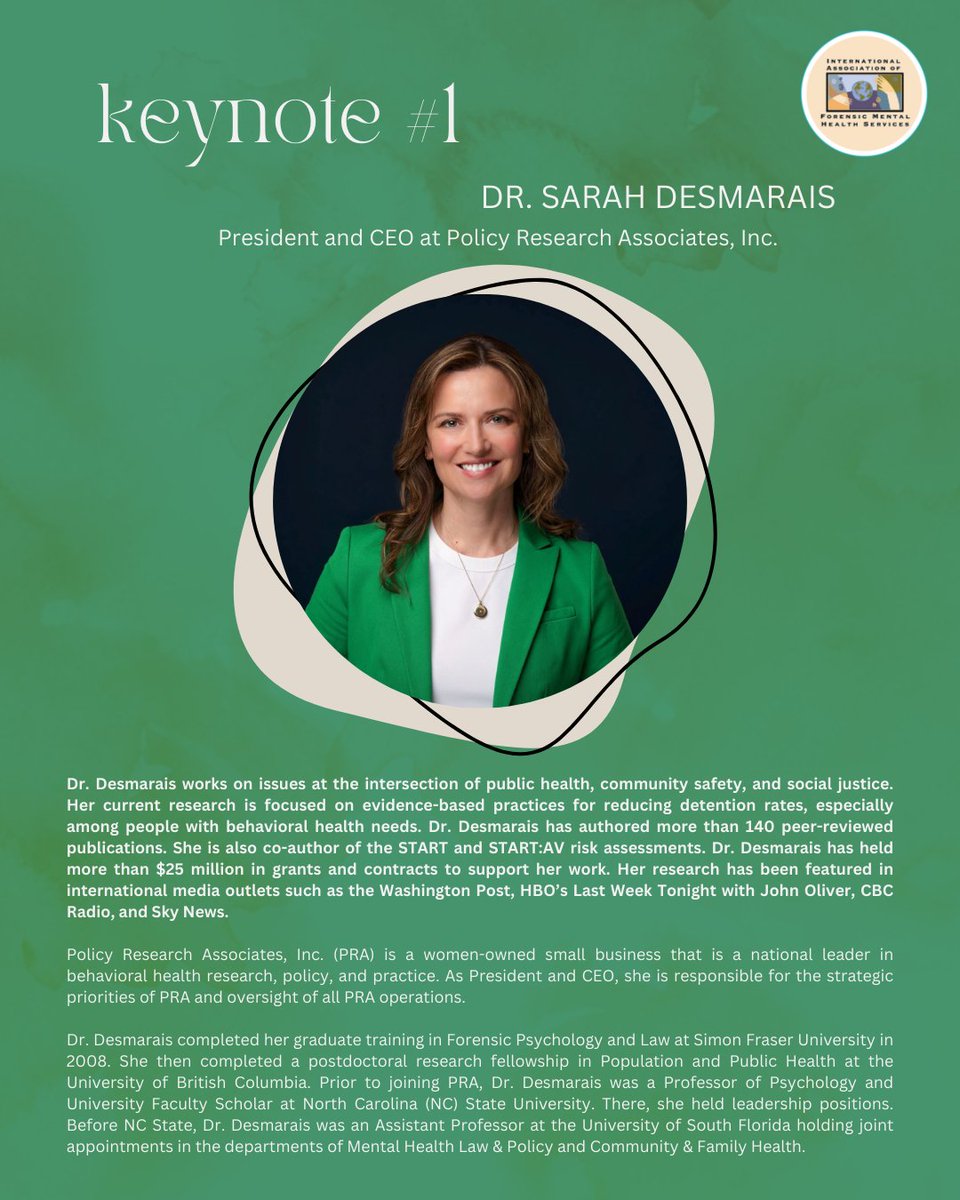 Excited about our this year's #keynote lectures?First one presented by Dr. Sarah Desmarais - president and CEO at @_PolicyResearch! 
We are looking forward to an inspiring lecture at our #annualconference 2024 in #sanfrancisco! 
Register here: iafmhs.wildapricot.org/2024-registrat…
