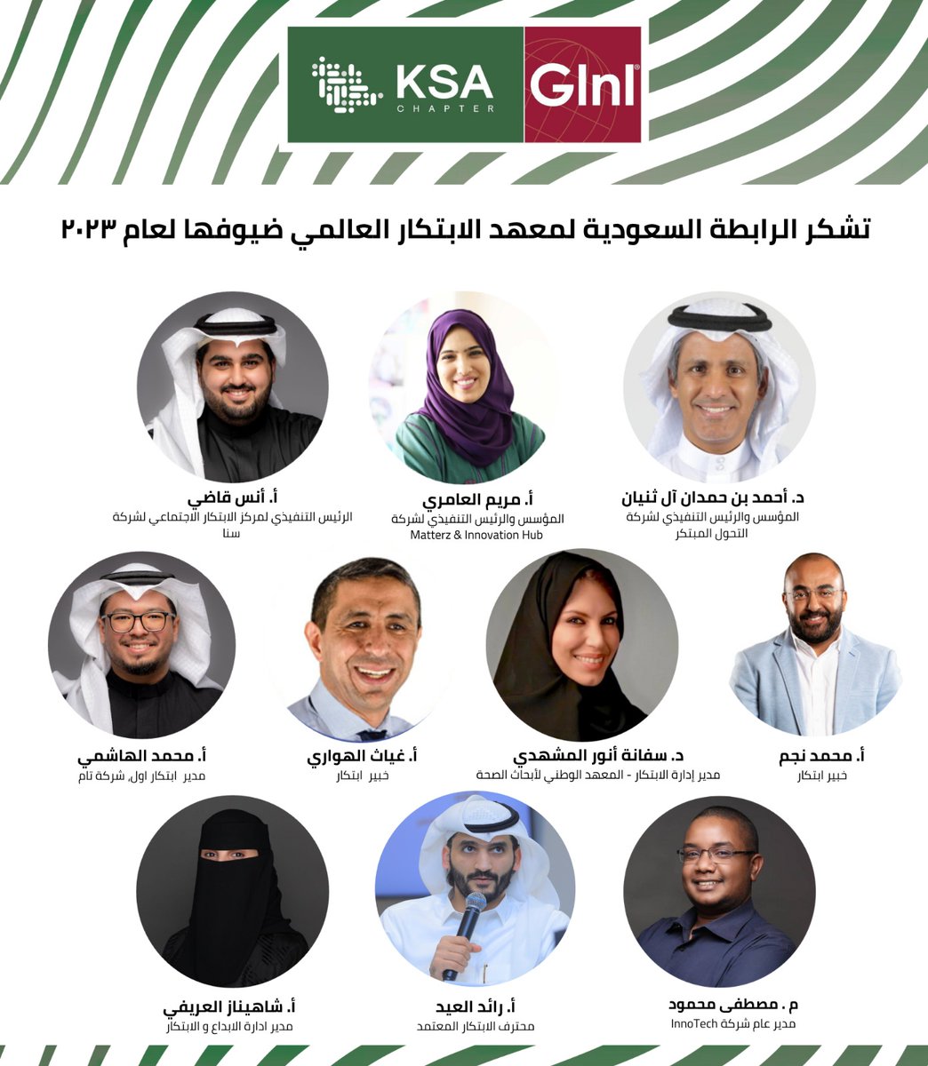 خلال عام ٢٠٢٣، استضافت الرابطة السعودية لمعهد الابتكار العالمي شهريًا، شخصيات مؤثرة في مجالاتها، شاركتنا جوهر خبرتها وتجاربها. 

@Raed_Aleid 
<a href="/Ahmed_Theneyan/">احمد الثنيان -  Ahmed Altheneyan</a> 
<a href="/Mnegmk/">Mohamed Gamal Negm</a> 
<a href="/7kma/">مريم العامري</a> 
@anasgiving 
<a href="/askhashmi/">AskHashmi</a> 
<a href="/DrSufana/">Dr. Sufana AlMashhadi</a>