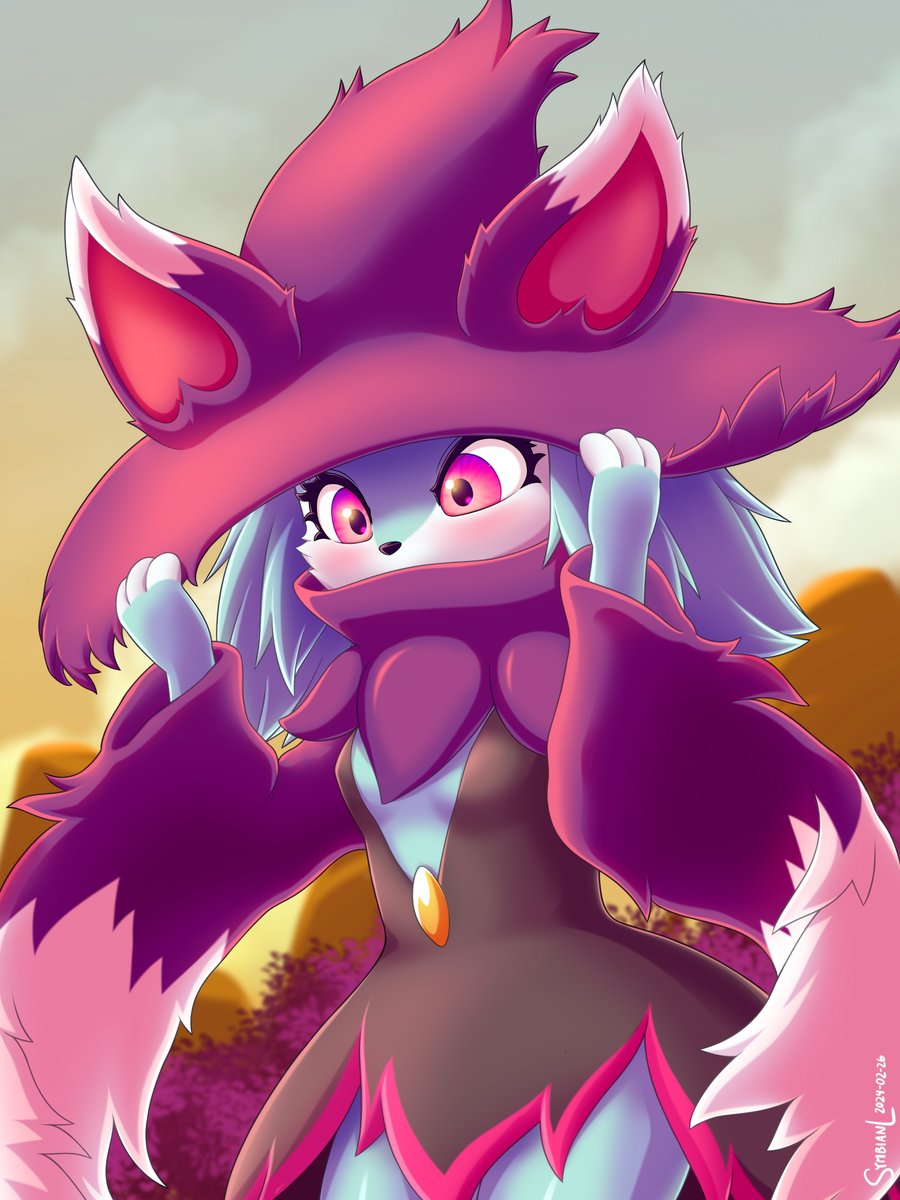 SymbianL's tweet image. Katress holding her hat down. Or maybe it's like a Sylveon situation where it's part of her body. That would be something. lol #PalworldArt #Palword
