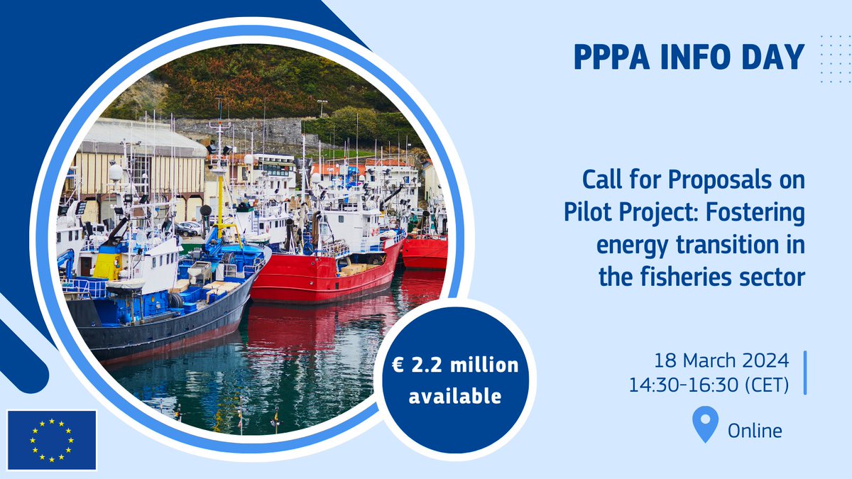 Interested in the new Call for Proposals on a Pilot Project to retrofit a demo vessel and foster #EnergyTransition in Fisheries?

🚨Registrations for the online INFO DAY on 18 March have just opened!

Book your seat by 14 March👇
europa.eu/!gv3jFj

#EUGreenDeal