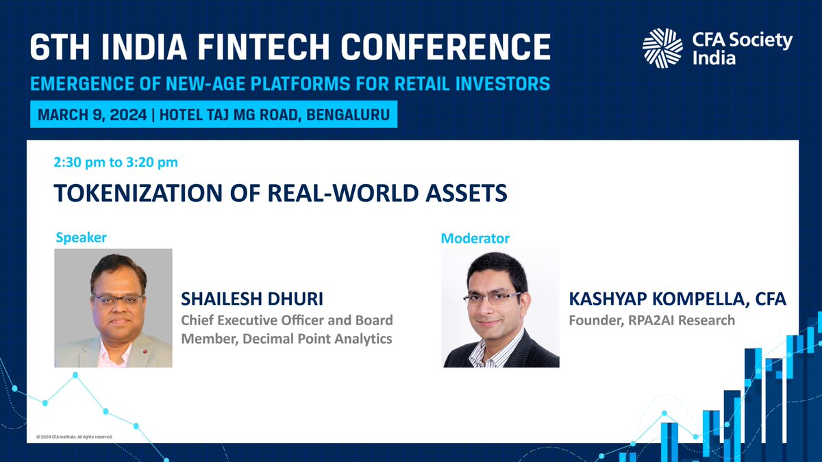 We welcome Shailesh Dhuri as one of the speakers at the 6th India Fintech Conference. He will be sharing his insights on 'Tokenization on Real-World Assets' on 9 March, 2024 at Hotel Taj MG Road, Bengaluru.
Early bird offer ends today! #IndFintech cfasocietyindia.org/events/6th-ind…