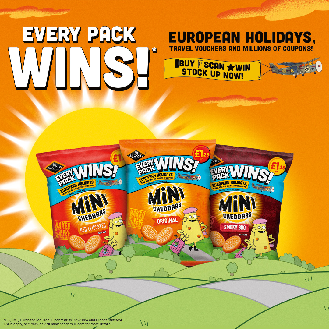 Mini Cheddars! Every Pack Wins!
Giving you the chance to win European holidays, travel vouchers, millions of coupons and more.
Purchase any 6 pack Mini Cheddars and enter to see what you’ve won.
Find them in the Crisps &amp; Snacks aisle #nisalocal #nisalocally #uk