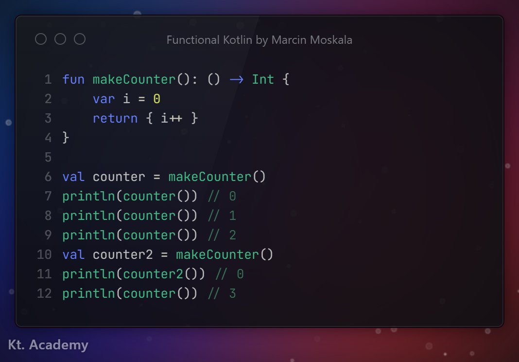 ktdotacademy's tweet photo. Kotlin's lambda expressions can use and modify variables from the scope in which they are defined creating closures.  
More on this functional programming concept in Functional Kotlin by @marcinmoskala. 📘 https://t.co/ZvPQjdX7Lv https://t.co/WgMbyULgH7