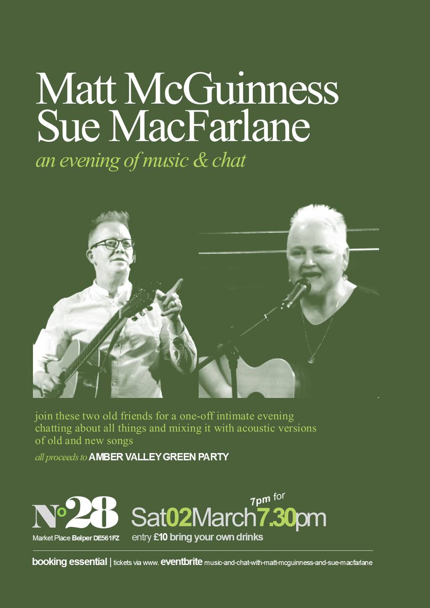 Matt McGuinness and the MLC (@mcguinnessmlc) on Twitter photo Nearly sold out. This Saturday join Matt and Sue for an intimate evening of Music & Chat between
<a href="/McGuinnessMLC/">Matt McGuinness and the MLC</a> & #SueMacFarlane
All Proceeds <a href="/ambervgreens/">Amber Valley Greens</a>
eventbrite.com/e/music-and-ch…
Last few tickets remaining so book now. #number28 #belperwhatson <a href="/TheGreenParty/">The Green Party</a>
🎟️🎵🗣️💚🌍🌱 Nearly sold out. This Saturday join Matt and Sue for an intimate evening of Music & Chat between
<a href="/McGuinnessMLC/">Matt McGuinness and the MLC</a> & #SueMacFarlane
All Proceeds <a href="/ambervgreens/">Amber Valley Greens</a>
eventbrite.com/e/music-and-ch…
Last few tickets remaining so book now. #number28 #belperwhatson <a href="/TheGreenParty/">The Green Party</a>
🎟️🎵🗣️💚🌍🌱