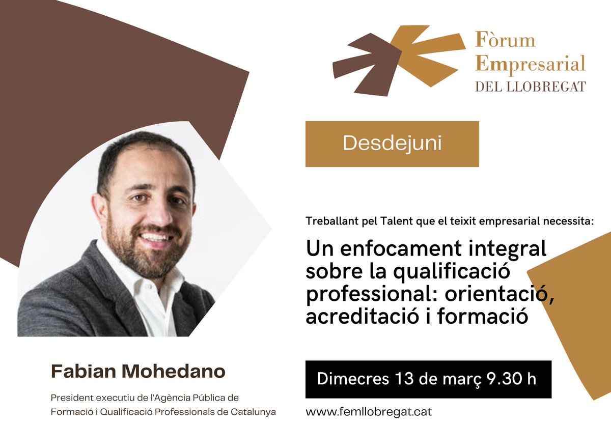 👉 Desdejuni amb @fabianmohedano, President executiu de l'Agència Pública de Formació i Qualificació Professionals de Catalunya 📆 13 de març ⏰ 9.30 - 11.00 hores 📍 Hotel Porta Fira Santos 📲 femllobregat.cat/activitats-det… #DesdejunisFòrum