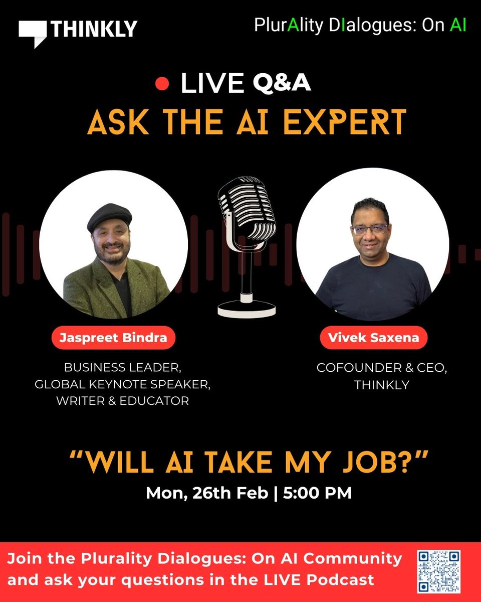 j_bindra's tweet image. One of the most pertinent questions of our time, “Will AI take away my job?”

Join me in conversation with @viveksa, LIVE today at 5pm, in my Plurality Dialogues community of @mythinkly, as we try to wrap our heads around what has to be one of the most pivotal moments for the…