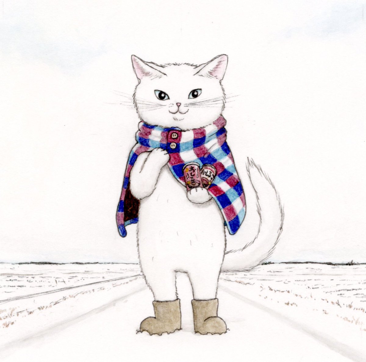 no humans colored pencil (medium) cat solo scarf traditional media standing  illustration images