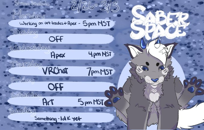 Come catch me live tomorrow on Twitch! This week is my first organized week of streaming I've put together<a href="/tag/furry"class="tags"><span>#furry</span></a><a href="/tag/twitch"class="tags"><span>#twitch</span></a><a href="/tag/twitchstreamer"class="tags"><span>#twitchstreamer</span></a><a href="/tag/twitchaffiliate"class="tags"><span>#twitchaffiliate</span></a>