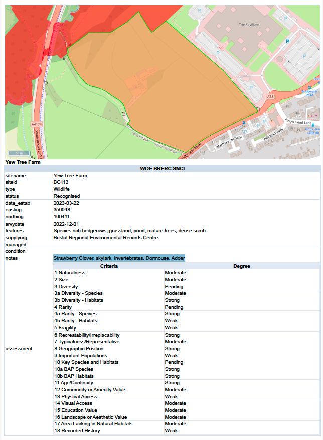 BristolTreeFora's tweet photo. Just in case anyone doubts whether there are (were?) Dormice living in the Yew Tree Farm SNCI, here is the formal SNCI designation.

And the landowners should have known this.

#saveyewtreefarm https://t.co/9sapZWgDbC