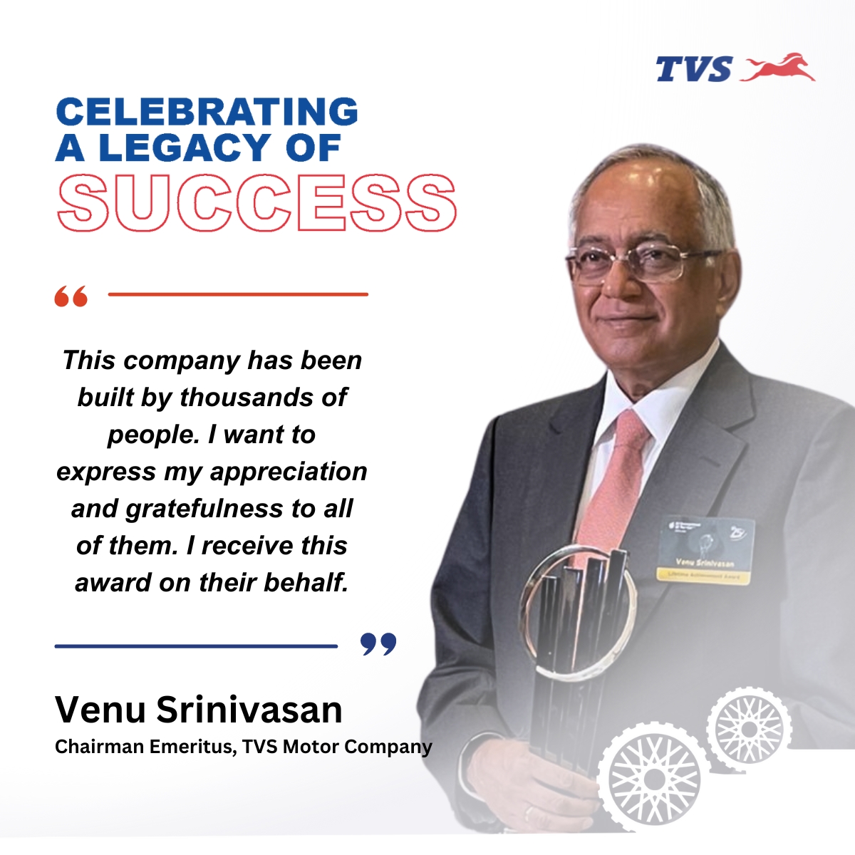 Venu Srinivasan, honored at #EYEOTY 2023, attributes TVS's success to its dedicated employees. Grateful for their unwavering commitment, he acknowledges their pivotal role in shaping the company's legacy #TVSMotorCompany #EOYIndia2023 #BuildersOfABetterIndia