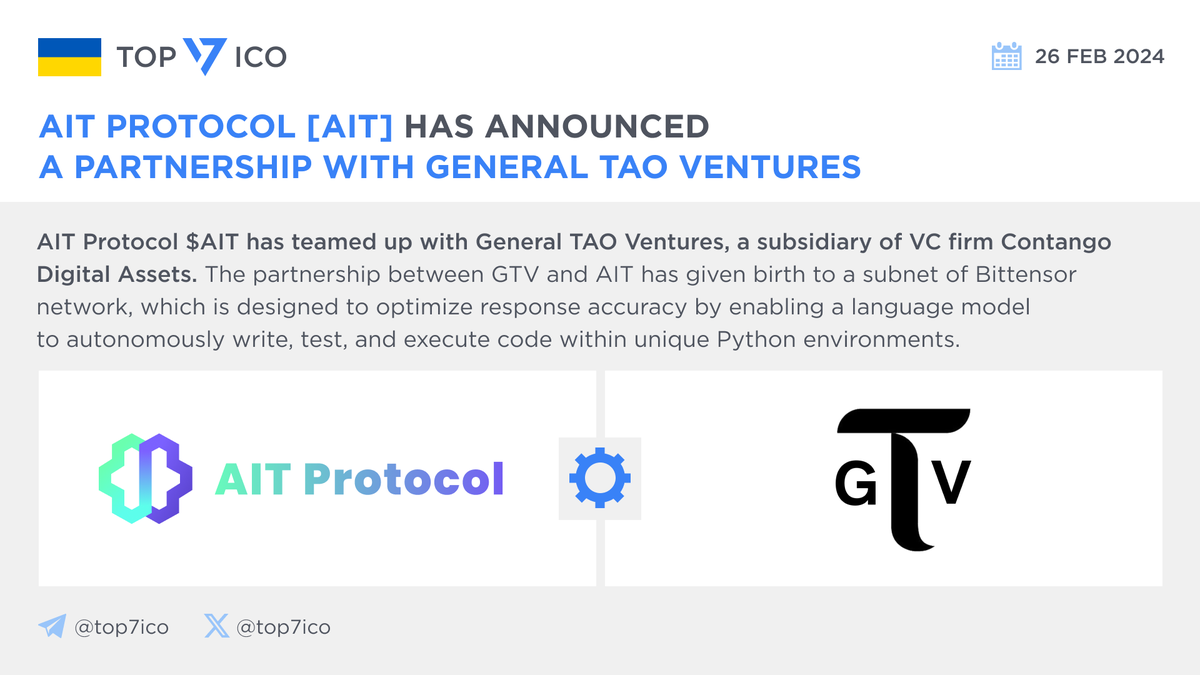 AIT Protocol [AIT] has announced a partnership with General TAO Ventures  @AITProtocol $AIT has teamed up with @gTAOventures, a subsidiary of VC firm  Contango Digital Assets. The partnership between #GTV and #AIT