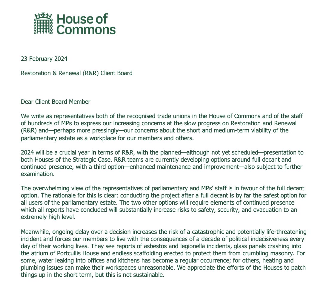 estwebber's tweet image. Exc: Parliamentary trade unions write to R&amp;amp;R board ahead of tonight&apos;s meeting voicing &quot;increasing concern&quot; over &quot;asbestos and legionella incidents, glass panels crashing into the atrium, crumbling masonry, water leaking into offices&quot;

As seen in Playbook: politico.eu/newsletter/lon…