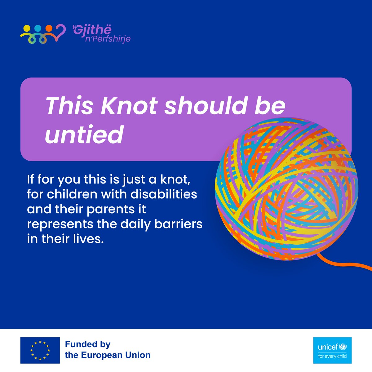 UNICEFKosovo's tweet photo. This ”knot” should be untied.🧶
If for you this is just a "knot", for children with disabilities and their parents it represents the daily barriers in their lives.
#UntieTheKnot #allininclusion https://t.co/UAmj46Y8rg