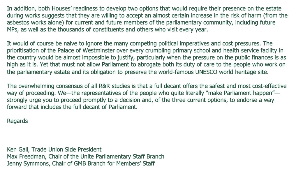 estwebber's tweet image. Exc: Parliamentary trade unions write to R&amp;amp;R board ahead of tonight&apos;s meeting voicing &quot;increasing concern&quot; over &quot;asbestos and legionella incidents, glass panels crashing into the atrium, crumbling masonry, water leaking into offices&quot;

As seen in Playbook: politico.eu/newsletter/lon…
