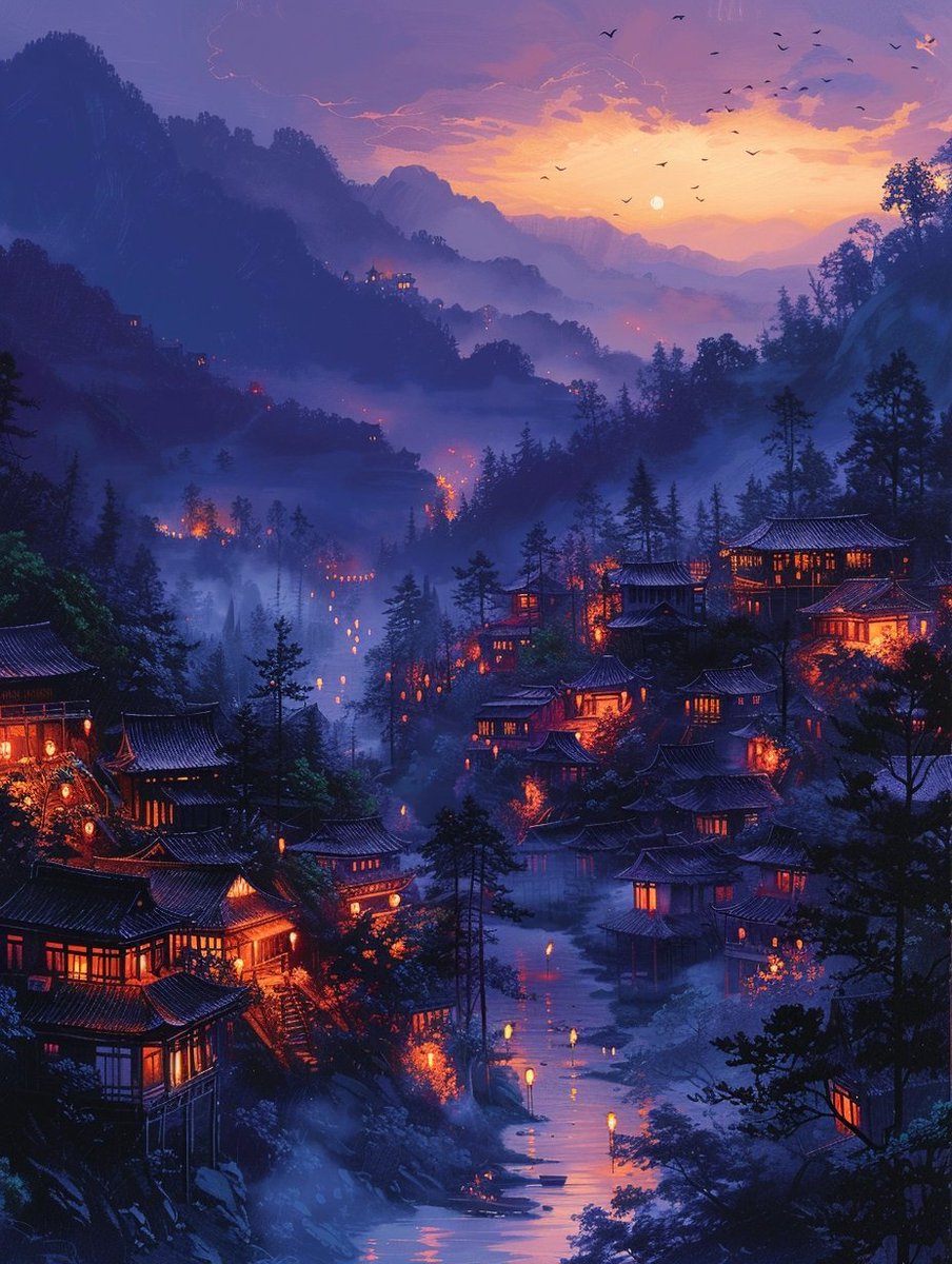 #midjourney #midjourneyV6 #PromptShare 

japanese mountain village night and lanterns, in the style of digital art techniques, dark purple and light red, exotic fantasy landscapes, night, beautiful night, iban art, torii, oriental , --ar 3:4 --stylize 750 --v 6