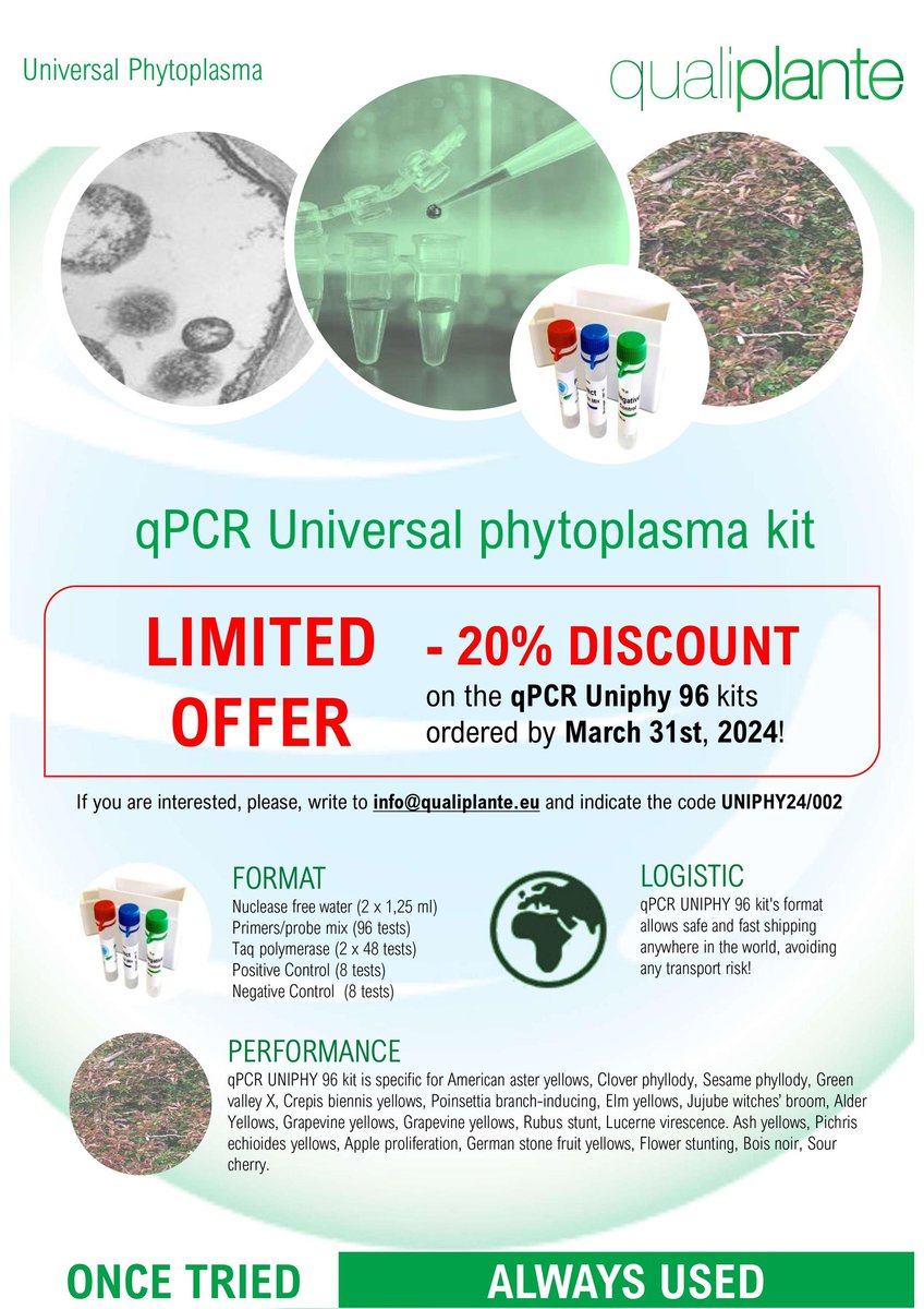 Are you a laboratory? Do you need to carry out analysis on Phytoplasmas? Take the opportunity to use our #molecularkit Uniphy 96 validated for the #detection of many #phytoplasmas in Real-Time #PCR!

#readytouse #easytouse #diagnosticskits #earlydiagnosis #plant #planthealth